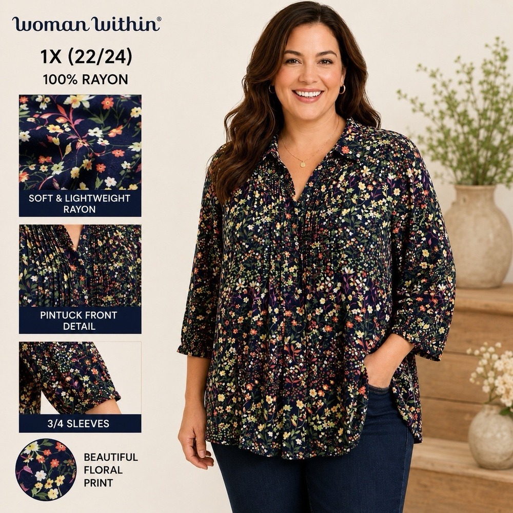 Woman Within 1X Floral Pintuck Button Front Blouse Rayon Navy Cottagecore Boho
